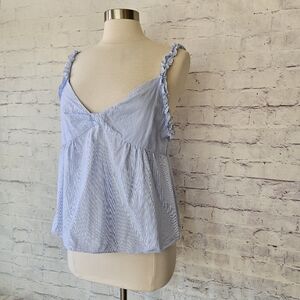 Zara TRF Collection Light Blue Striped Ruffle Strap Cotton Tank XL